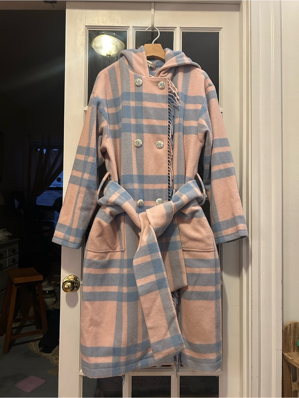 LoveShackFancy Pink and Blue Plaid Hooded Double-Breasted Pea Coat